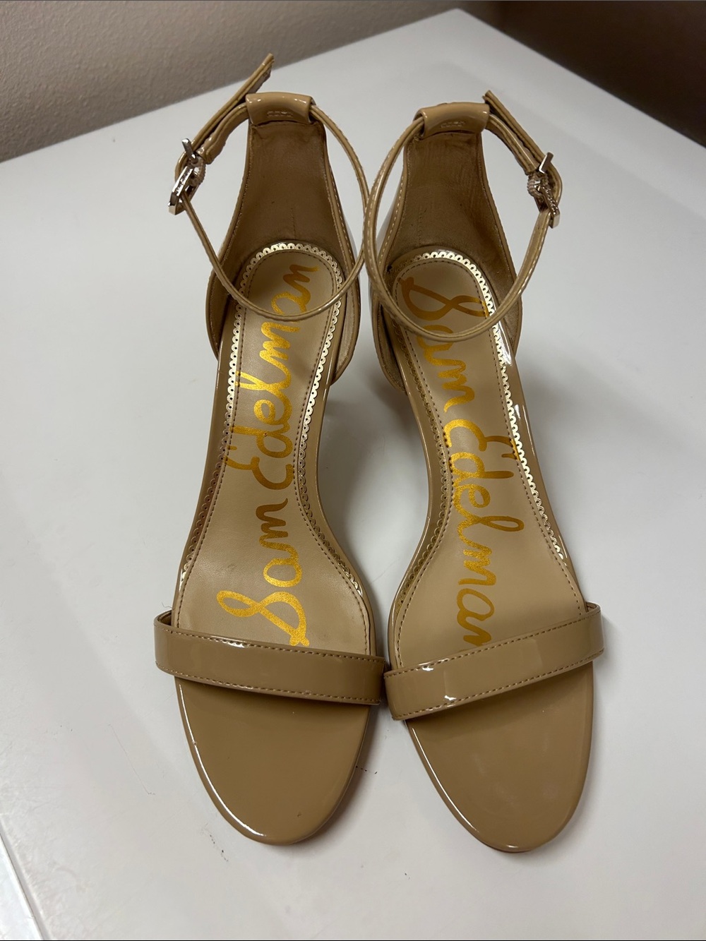 Sam Edelman Nude Patent Ankle-Strap Heels